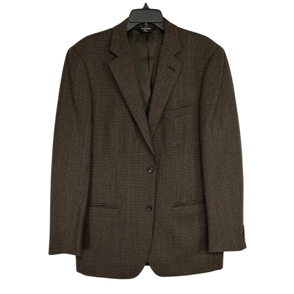 Vtg Joseph Feiss Men Houndstooth Blazer 100% Wool 42L Heritage Old Money Brown
